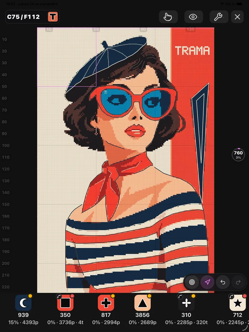 TRAMA en un iPad: un patrón de punto de cruz en modo Bordar, con el progreso por color y la fila en curso.